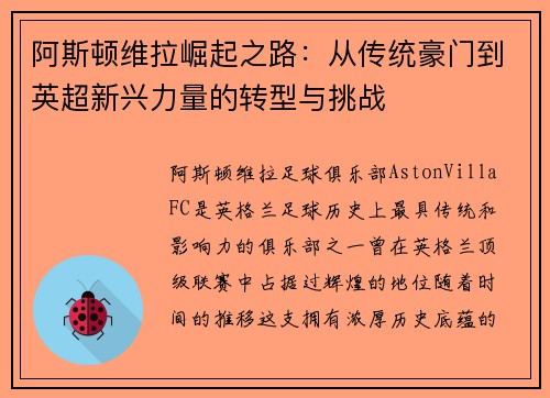 阿斯顿维拉崛起之路:从传统豪门到英超新兴力量的转型与挑战 阿斯顿维拉崛起之路:从传统豪门到英超新兴力量的转型与挑战